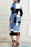 Elegant Color Block Patchwork Slit Zipper Zipper Collar Pencil Skirt Dresses