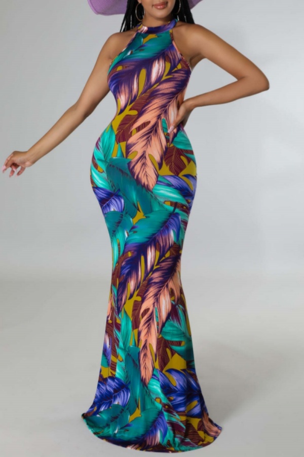 Sexy Print Hollowed Out O Neck Long Dress Dresses