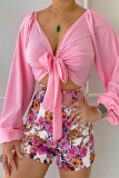Sexy Vacation Floral Frenulum With Belt V Neck Long Sleeve Two Pieces