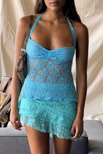 Sexy Solid Bandage See-through Backless Halter Tops