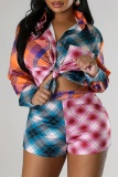 Casual Plaid Print Patchwork Shirt Collar Long Sleeve Two Pieces