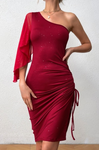 Sexy Party Solid Draw String Frenulum Backless Slit Oblique Collar Wrapped Skirt Dresses