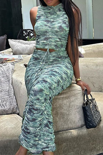 Street Print Patchwork Draw String Fold O Neck Sleeveless Two Pieces
