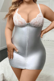 Sexy Solid Patchwork See-through Backless Spaghetti Strap Plus Size
