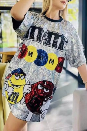 Casual Patchwork Sequins O Neck Short Sleeve Dress Dresses