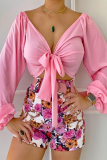 Sexy Vacation Floral Frenulum With Belt V Neck Long Sleeve Two Pieces