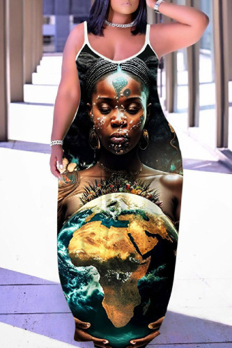 Sexy Print Backless Spaghetti Strap Long Dress Dresses