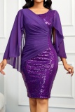 Party Formal Patchwork Sequins O Neck Wrapped Skirt Dresses
