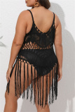 Sexy Solid Tassel Hollowed Out Backless Spaghetti Strap Plus Size Swimwear Cover-up