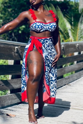Sexy Print Frenulum Backless Swimsuit Three Piece Set (With Paddings)