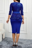 Casual Solid Sequins Patchwork O Neck Wrapped Skirt Dresses