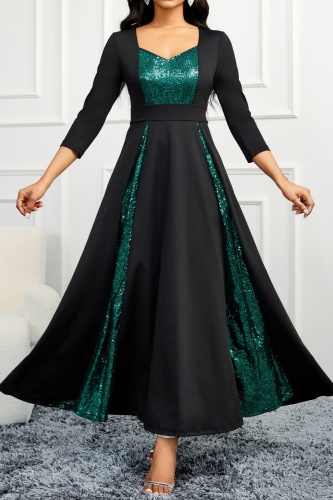 Casual Patchwork Contrast V Neck Long Dress Dresses