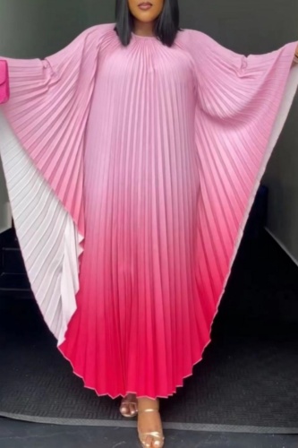 Casual Gradual Change Print Pleated O Neck Long Dress Dresses