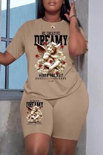 Casual Print Basic O Neck Plus Size Two Pieces