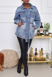 Casual Solid Patchwork Turndown Collar Long Sleeve Regular Denim Jacket (Subject To The Actual Object )