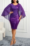 Party Formal Patchwork Sequins O Neck Wrapped Skirt Dresses