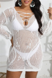 Sexy Solid Bandage Hollowed Out See-through V Neck Beach Dress Plus Size Swimwear