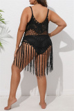 Sexy Solid Tassel Hollowed Out Backless Spaghetti Strap Plus Size Swimwear Cover-up