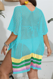 Sexy Striped Hollowed Out See-through Contrast V Neck Plus Size Swimwear Cover-up