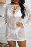 Sexy Solid Bandage Hollowed Out See-through V Neck Beach Dress Plus Size Swimwear