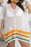 Sexy Striped Hollowed Out See-through Contrast V Neck Plus Size Swimwear Cover-up