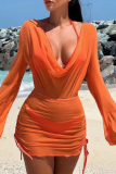 Long Sleeve See-Through Cover Up Bra and Shorts Vacation Beach 3 Piece Sets With Paddings