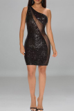 Sexy Street Solid Sequins Patchwork See-through One Shoulder Wrapped Skirt Dresses