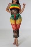 Rainbow Perspective Fishnet Sleeveless Halter Tops Long Skirts Matching Sets