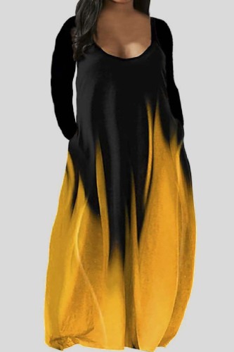 Casual Print Contrast U Neck Long Dress Plus Size Dresses