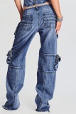 Casual Solid Patchwork Pocket Mid Waist Regular Denim Jeans