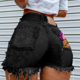 Casual Print Tassel Ripped Mid Waist Regular Denim Shorts (Subject To The Actual Object )