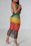 Rainbow Perspective Fishnet Sleeveless Halter Tops Long Skirts Matching Sets