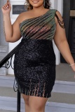 Sexy Patchwork Sequins Backless Oblique Collar Wrapped Skirt Plus Size Dresses