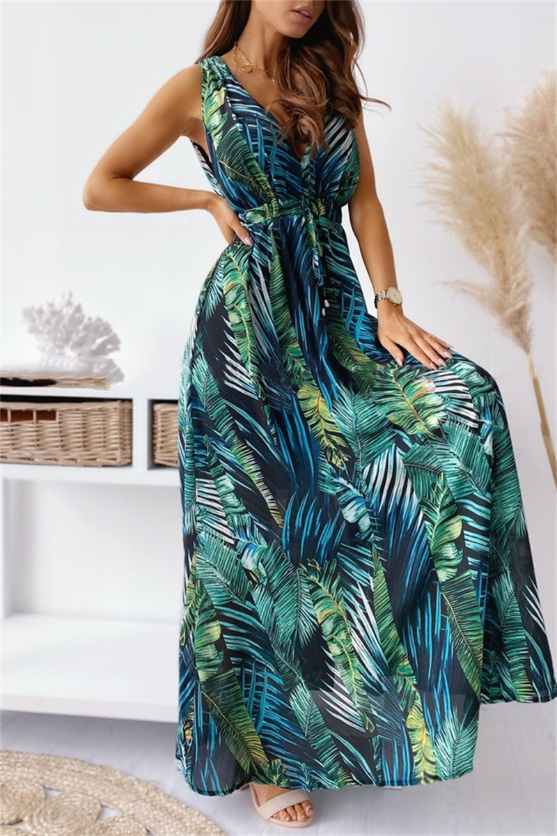 Wholesale Casual Print Frenulum Backless V Neck Long Dress Dresses ...