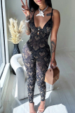 Sexy Print Hollowed Out Patchwork Spaghetti Strap Skinny Jumpsuits