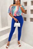 Casual Print Basic Off the Shoulder Short Sleeve Two Pieces