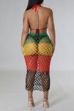Sexy Patchwork Hollowed Out Frenulum Backless Contrast Swimwears Cover Up
