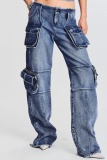 Casual Solid Patchwork Pocket Mid Waist Regular Denim Jeans
