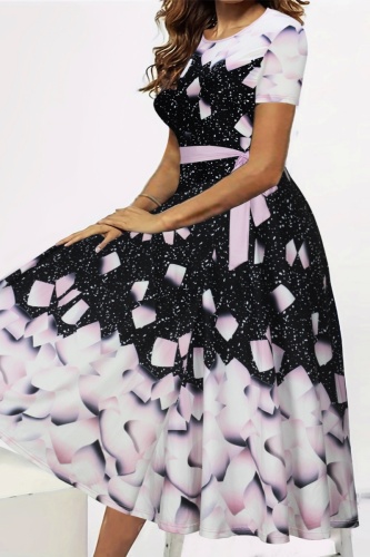 Casual Print With Belt O Neck Short Sleeve Dress Plus Size Dresses