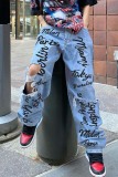 Casual Letter Print Ripped High Waist Regular Denim Jeans (Subject To The Actual Object )