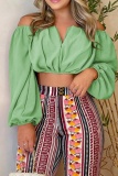 Casual Print Backless Off the Shoulder Long Sleeve Two Pieces