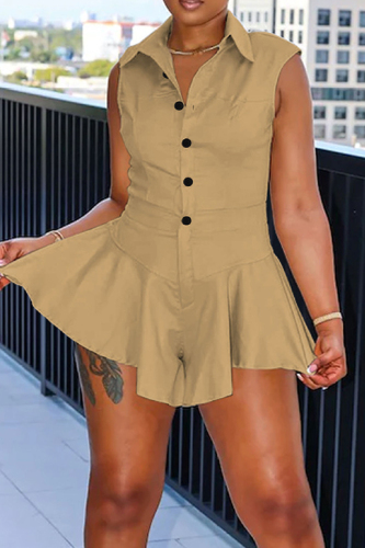 Street Solid Patchwork Buckle Turndown Collar Loose Rompers