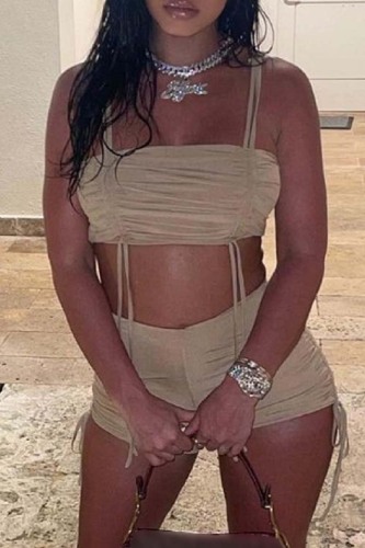 Sexy Casual Solid Draw String Frenulum Backless Spaghetti Strap Sleeveless Two Pieces