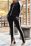 Casual Solid Hollowed Out Patchwork Slit Contrast Zipper Collar Long Sleeve Two Pieces