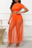 Casual Solid See-through Beading O Neck Short Sleeve Three Piece Set