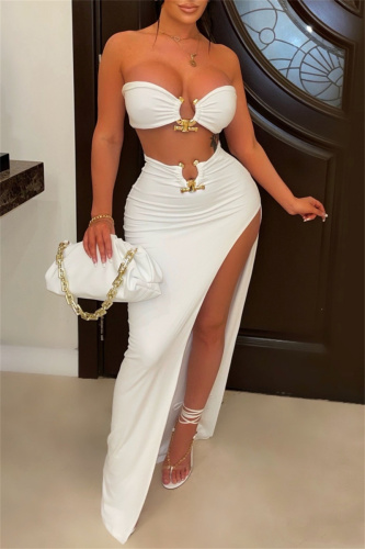 Sexy Solid Backless Slit Strapless Sleeveless Two Pieces