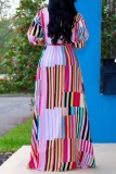 Rainbow Color Striped Print Deep V Neck Casual Vacation Botton Up High Slit Long Maxi Shirt Dress
