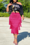 Casual Solid Tassel Patchwork Skinny High Waist Conventional Patchwork Skirt