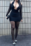 Solid See-through Halter Long Sleeve Dresses