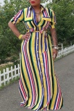Rainbow Color Striped Print Deep V Neck Casual Vacation Botton Up High Slit Long Maxi Shirt Dress